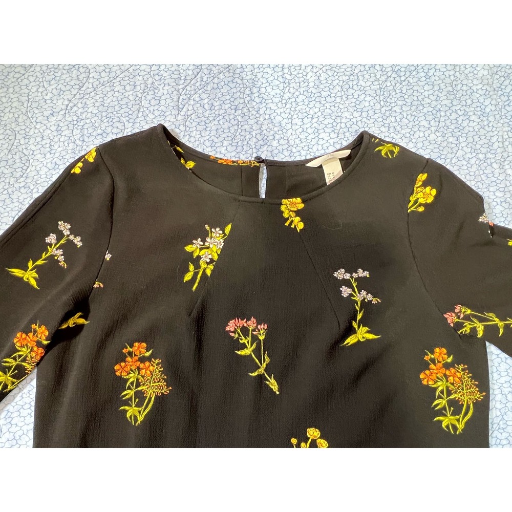 H & M Black Floral, 3/4 Sleeve Shift Dress, Size 10 - Picture 7 of 10